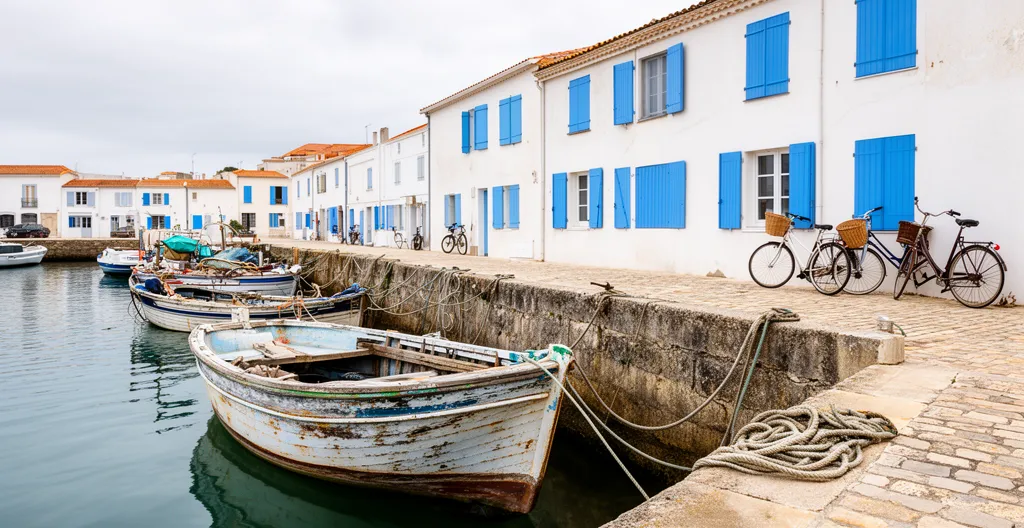 Traditional harbour village with fishing boats and blue-shuttered houses on Île de Ré