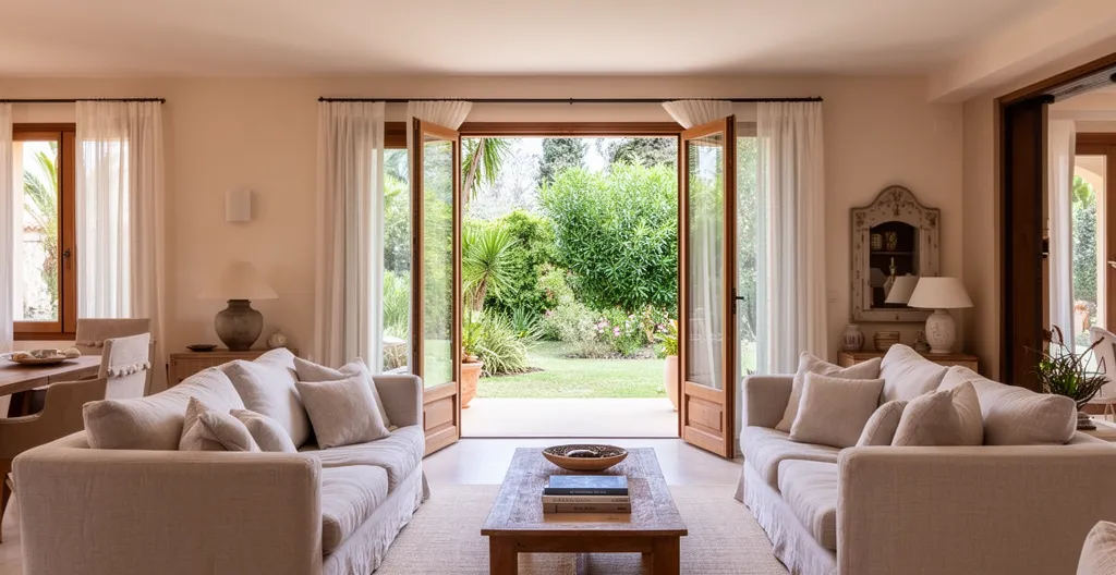 Contemporary luxury villa living space with French doors opening to garden