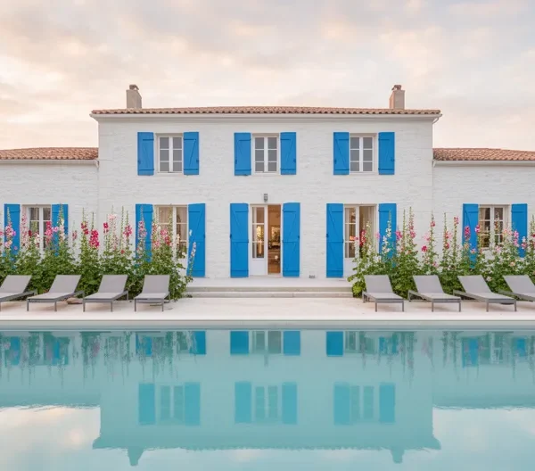 Luxury whitewashed stone villa with private pool on Île de Ré at dawn