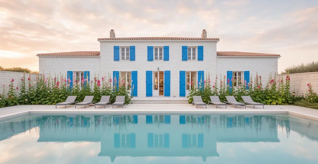 Luxury whitewashed stone villa with private pool on Île de Ré at dawn